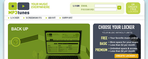 MP3tunes decision - Screenshot of MP3tunes.com homepage